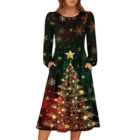 Women's Christmas Printed Fashionable Loose Round-Neck Dress, Holiday Print, Casual Wear, Retro Style, Comfort Fit, Everyday Dress, Festive,Saffron,M