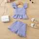 thumbnail image 1 of Conjunto de camiseta sin mangas con cuello redondo para niña, vestido sin mangas con botones finos para niña, falda francesa ceñida con cintura fruncida y volantes, conjunto de poliéster para niña, 1 of 8