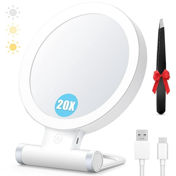20X Magnifying Mirror with Light, Travel Magnifying Mirror, 1X/20X Vanity Mirror with Light, Adjustable Handle Travel Makeup Mirror, Touch Switch Light up Mirror for Plucking Eyebrows