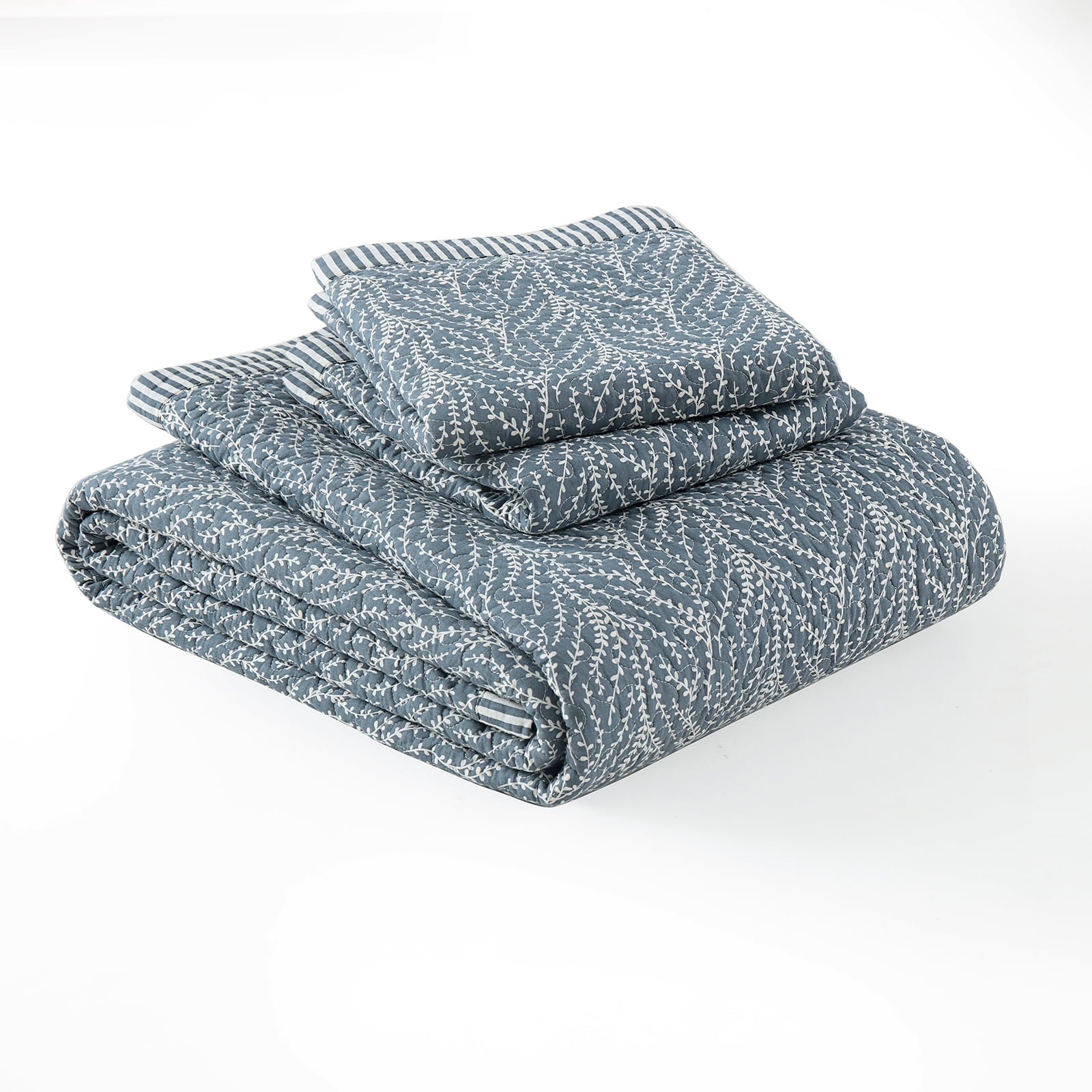 PANGUSHAN 100% Cotton King Quilt Set, Farmhouse King Size Quilt Bedding Set Bedspreads, Reversible Botanical Patterns Quilted Lightweight Comforter, Grayish-Blue/White Bed Spread for King Bed
