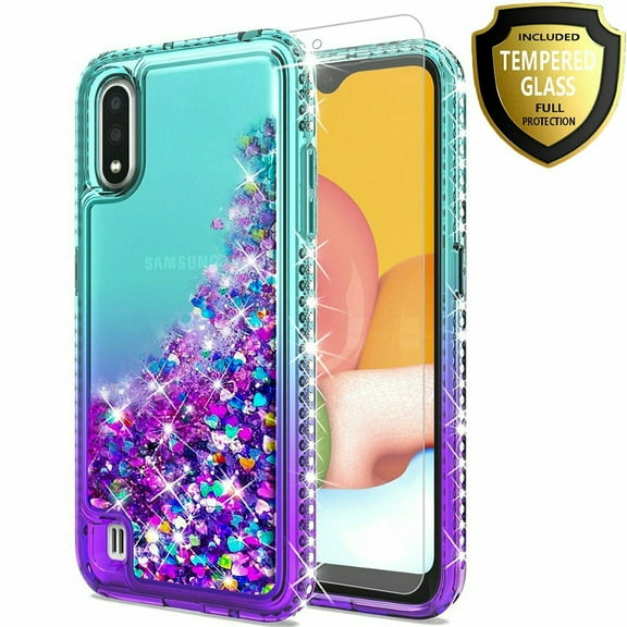 LG Stylo 7 5G Case, with [Tempered Glass Protector Included] Liquid Floating Glitter Quicksand Bling with Spot Diamond Cover - Teal/Purple