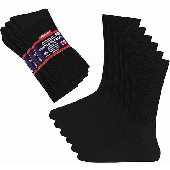 Diamond Star Diabetic Socks for Men & Women - Non-Binding Cushion Cotton Crew Socks for Neuropathy, Edema, & Circulatory Support (Black - 12 Pairs, Sock Size 10-13, Fits Men's Shoe Size 7-12)