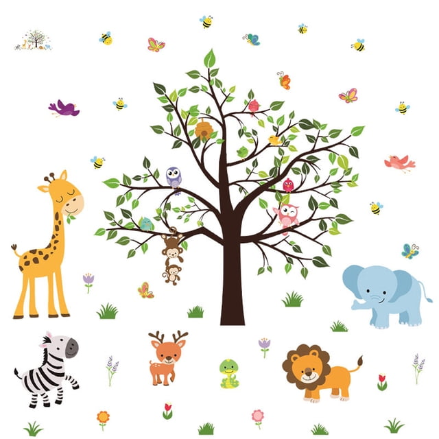 Pegatinas de pared de árbol de animales del bosque, calcomanías de pared de ciervo y búho, decoración para las paredes del salón, dormitorio de bebé, guardería, niños