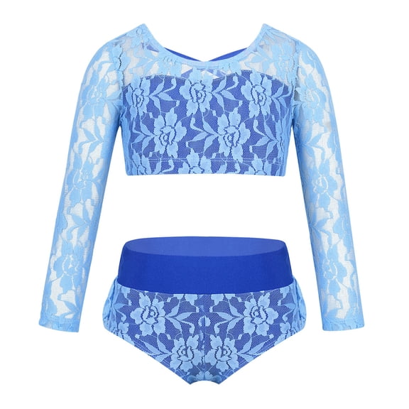 Alvivi Kids Girls Dancewear Outfit Lace 3/4 Sleeves Crop Top Ruffled Briefs Set 6-14