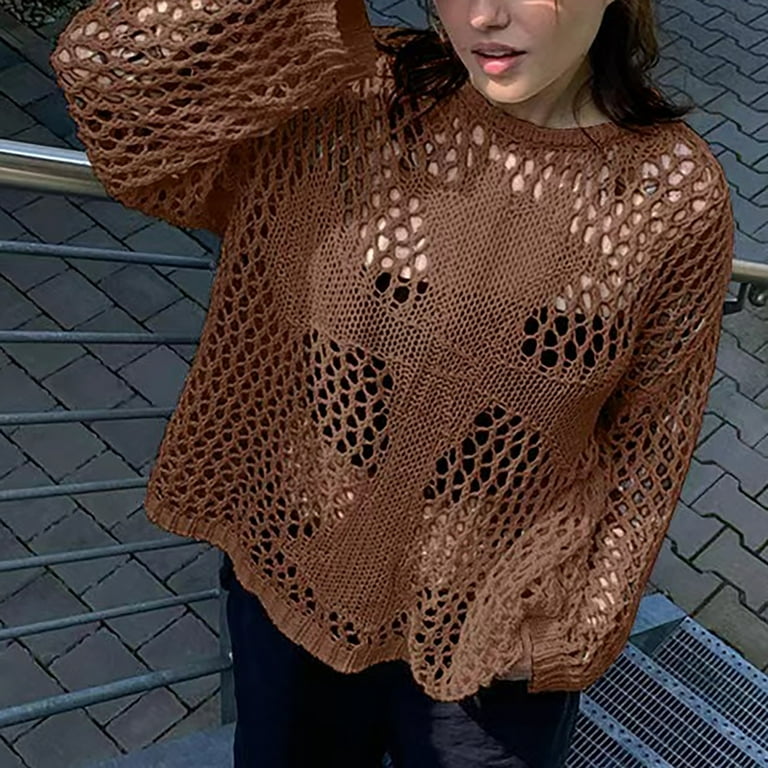 Holzkary Women's Crochet Crewneck Lightweight Hollow Out Long