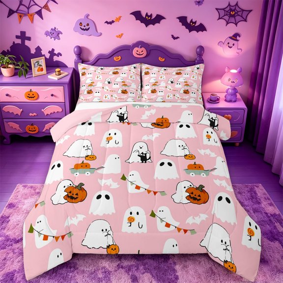 Homewish Cute Cartoon Halloween Ghost Full Size Comforter Sets,Pumpkin Bat Banner Print Bedding Comforter Set,Blush Pink,Pink Reversible,3-Piece,1 Comforter and 2 Pillowcases