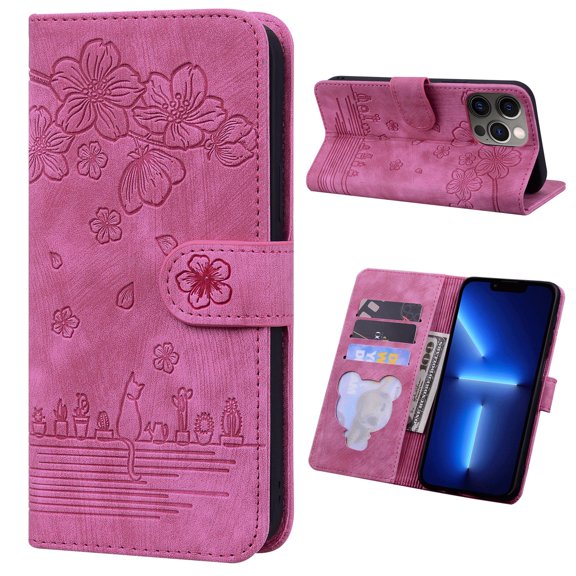 TECH CIRCLE Shockproof Case For iPhone 14 Plus,360 Protection Cute Comic Sakura Cat Embossed PU Leather Magnetic Closure Flip Wallet Stand Cover with Wrist Strap.For iPhone 14 Plus,Rose