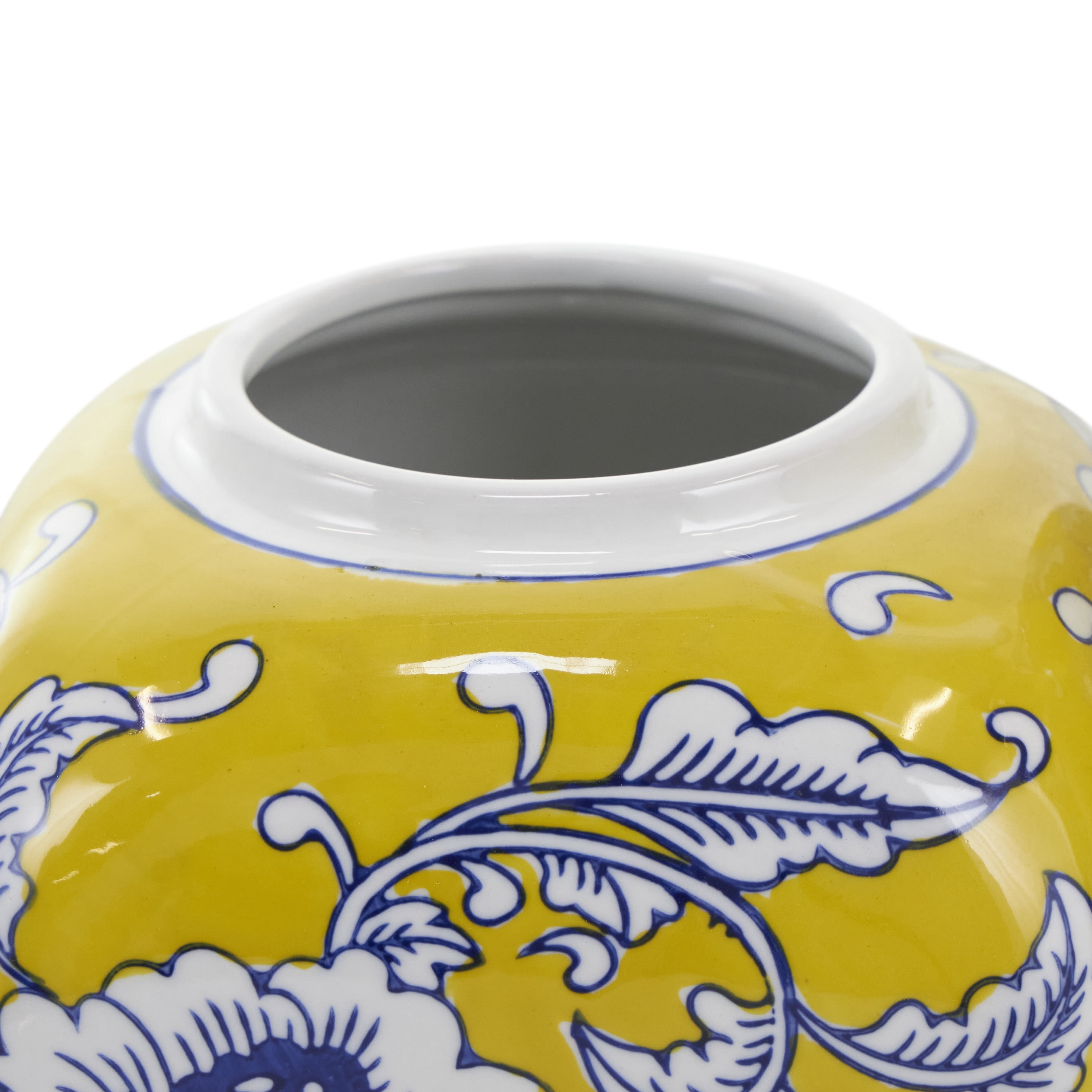 DecMode 10", 12"H Yellow Ceramic Floral Decorative Jars with Blue and White Accents, 2-Pieces