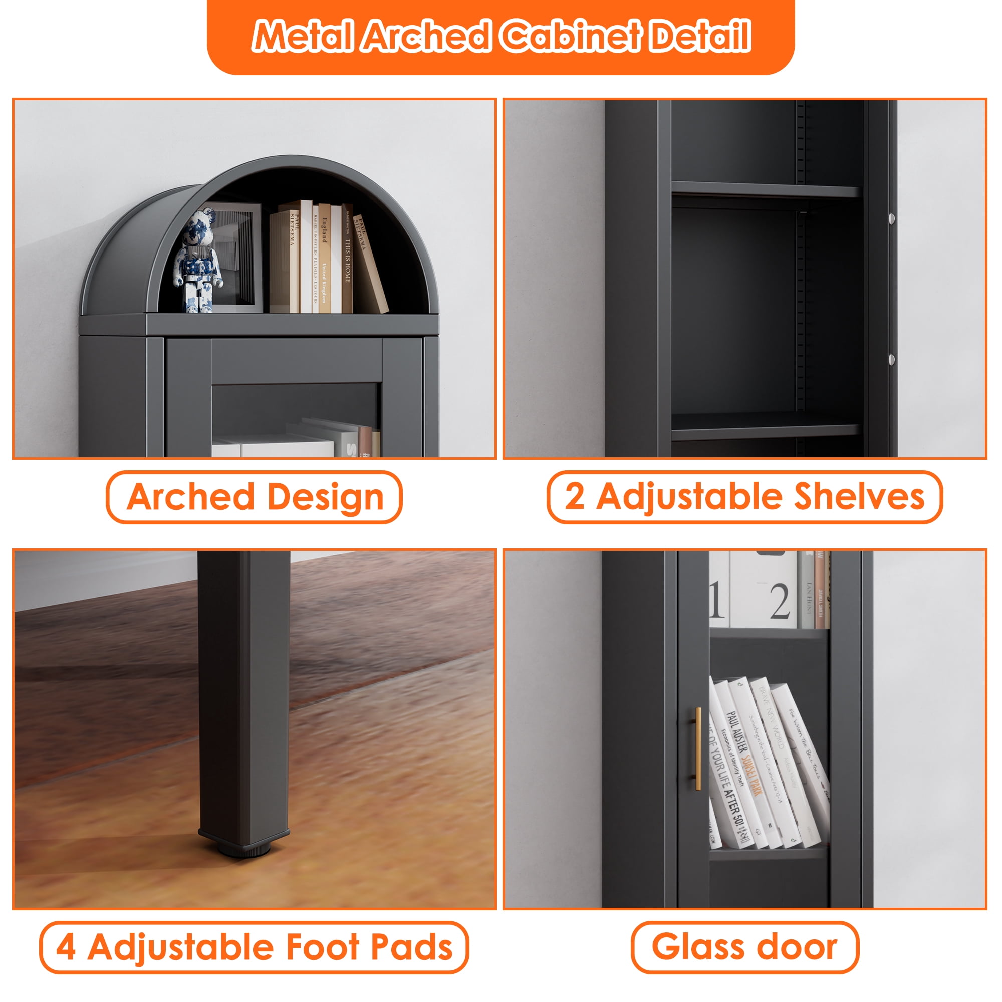 Aobabo Metal Arched Cabinet, Arch Display Bookcase with Glass Door and Shelves, Kitchen Pantry Cabinet for Dining Room, Home, Office, Study Room, Assembly Required,Black,15.35"D x 16.26"W x 63"H