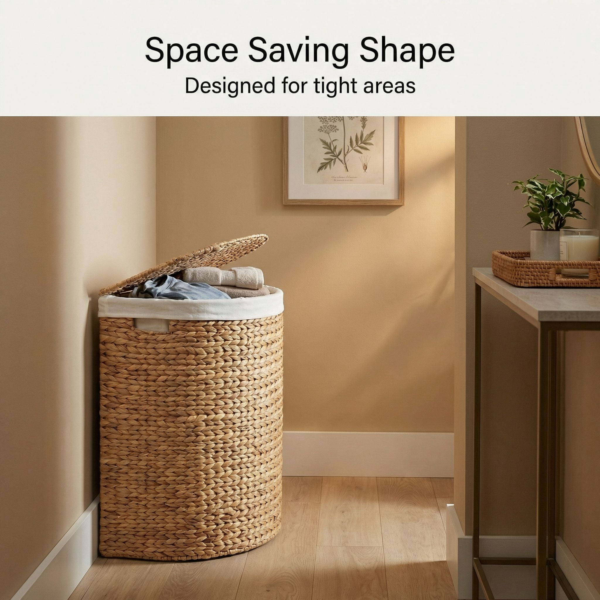 DEILSY Natural Half Moon Water Hyacinth Wicker Laundry Basket with Removable Liner and Lid,  Handwoven Wicker Hamper with Handles for Bathroom, Bedroom, or Laundry Room