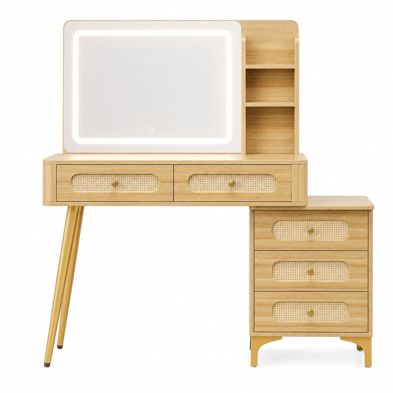 Aukfa 47.2" Rattan Makeup Vanity Desk with Lighted Mirror, Vintage Wood Vanity Table with 5 Drawers & Shelves, Gold Metal Legs, Natural