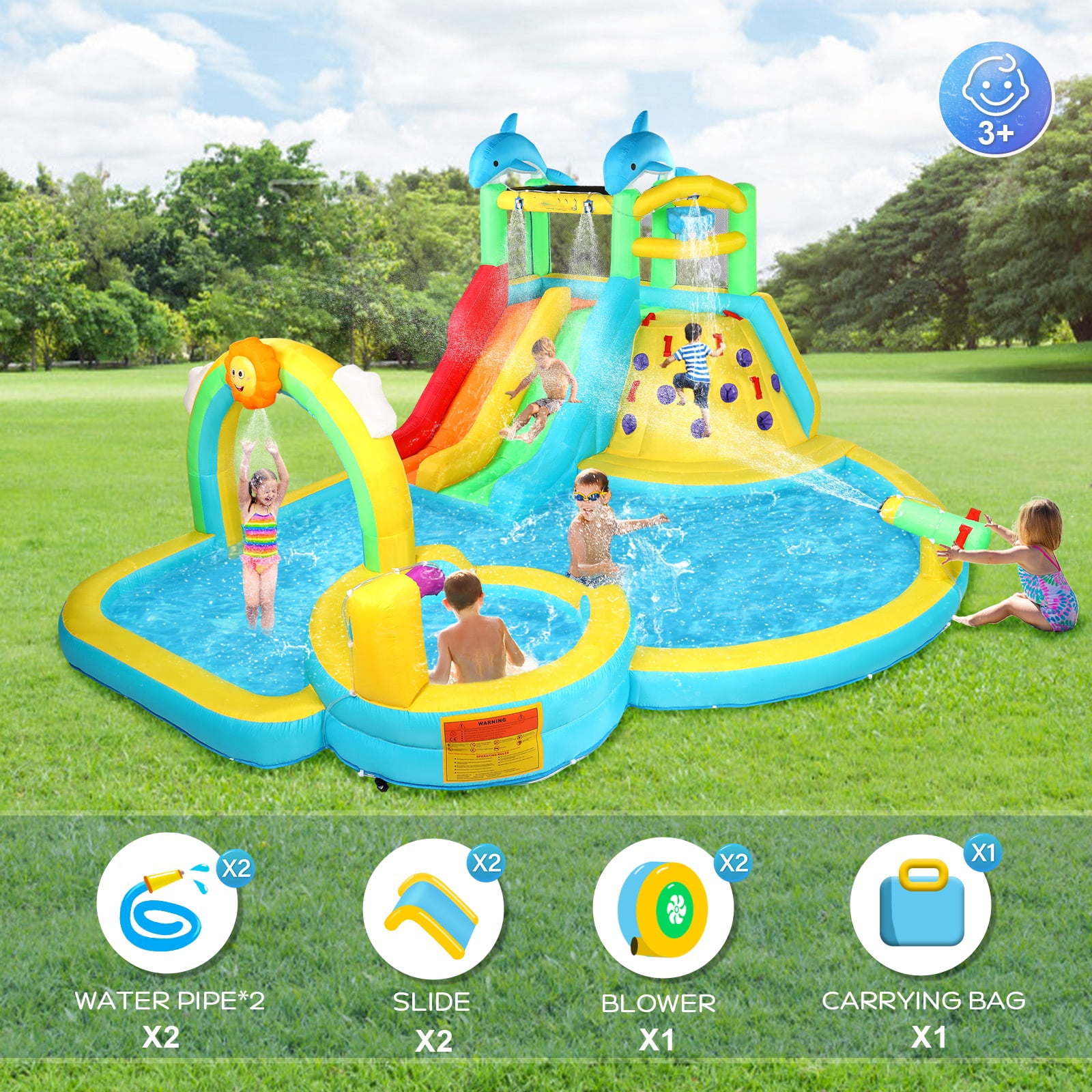 Ktaxon Inflatable Bounce House with Water Bucket, Rainbow Sprinklers, Water Slide Bounce House With Blower, Inflatable Water Slide Park for Party, Backyard, Lawn