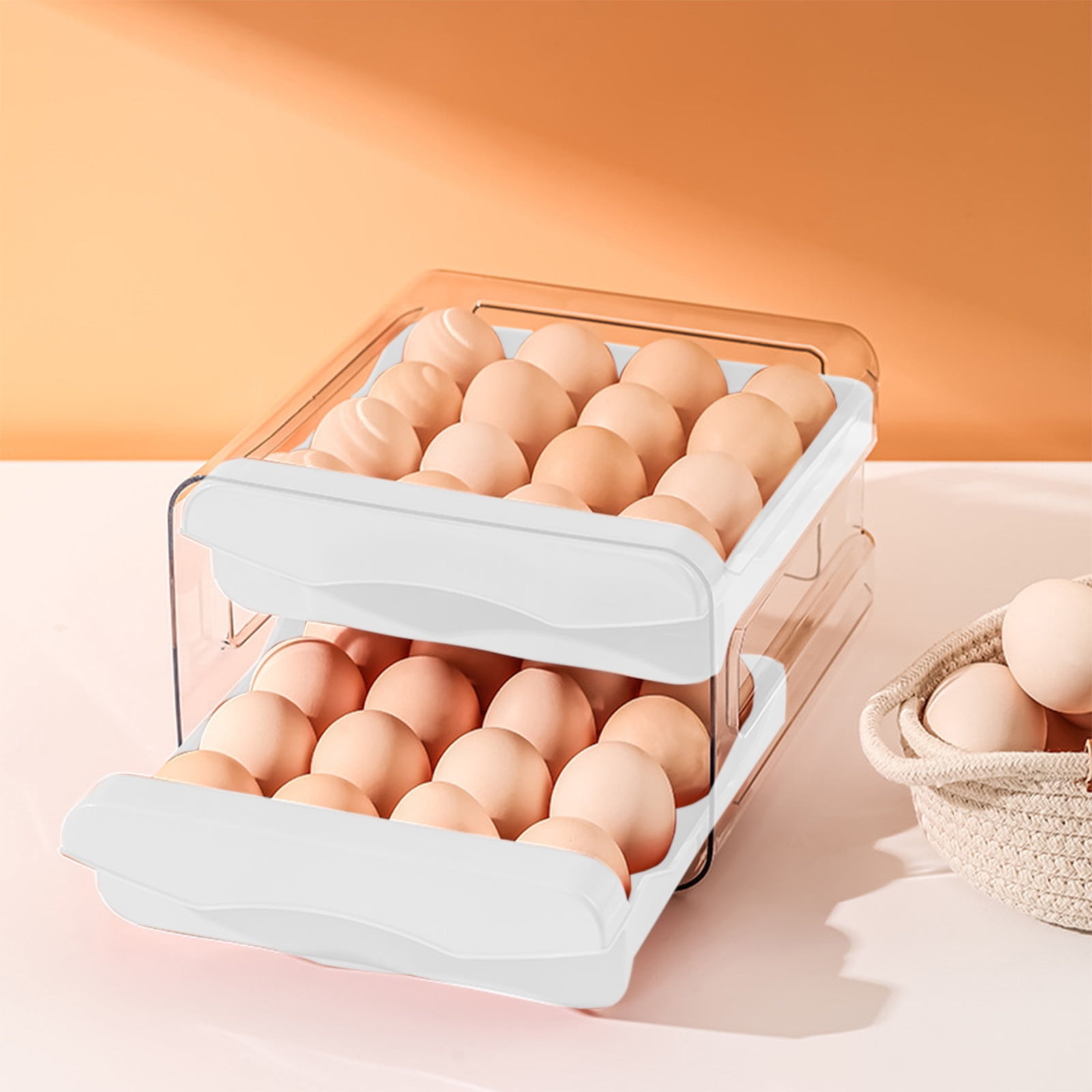Lcxifdre Slide-Out Drawer Refrigerator Egg Storage Box - 2 Tier Shockproof Plastic Organizer, Space Saving Stackable Counter Storage Egg Holder Container