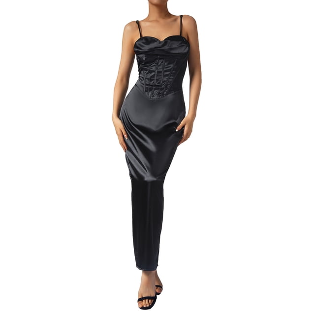 VISgogo Vestido largo ajustado de satén para mujer, sin mangas, correa de espagueti, cuello alto, color sólido, vestido de cóctel VISgogo moda