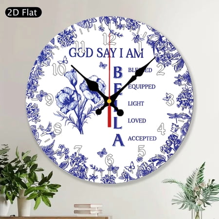 Personalized Christian Name Letter Round Wall Clock, MDF Wood, God Says I Am Bible Verse, Stained Glass Toile De Jouy Flower Design, Religious Faith Gift Decor