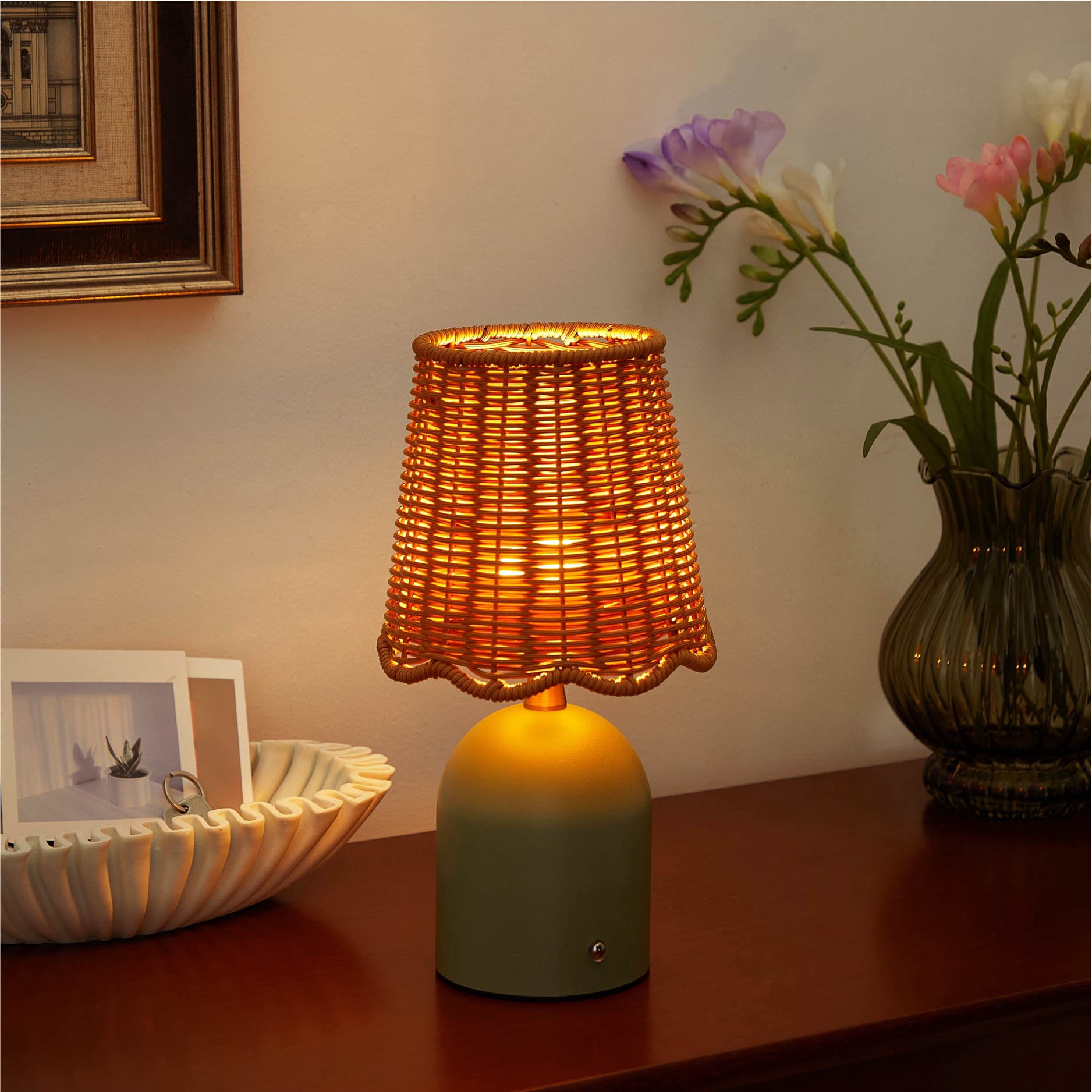 Stylehouse 12" Green Rattan Rechargeable LED Lamp