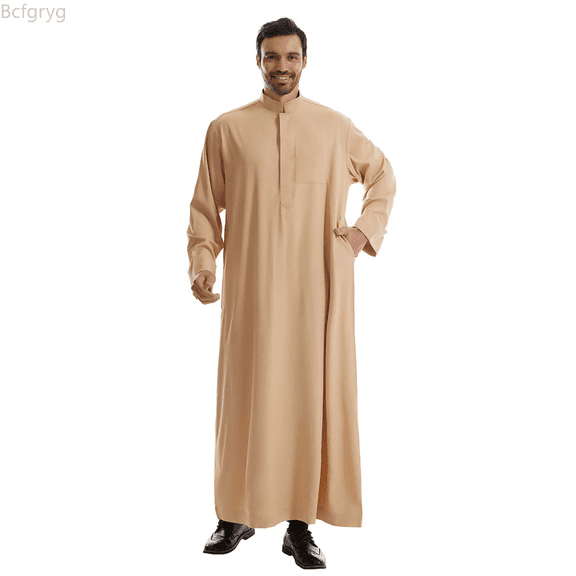 Bcfgryg Male Solid Color Long Sleeve Robe Arabic Clothes Middle Skirt Robe Big and Tall Shirts Yellow L