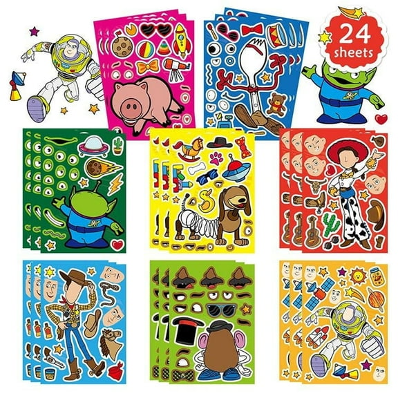 24 PCS Toy Story Stickers DIY Kids Stickers with Changeable Faces Mixed & Matched with 8 Designed Characters Stickers for Party Decoration, Reward, Decor, Gift Idea