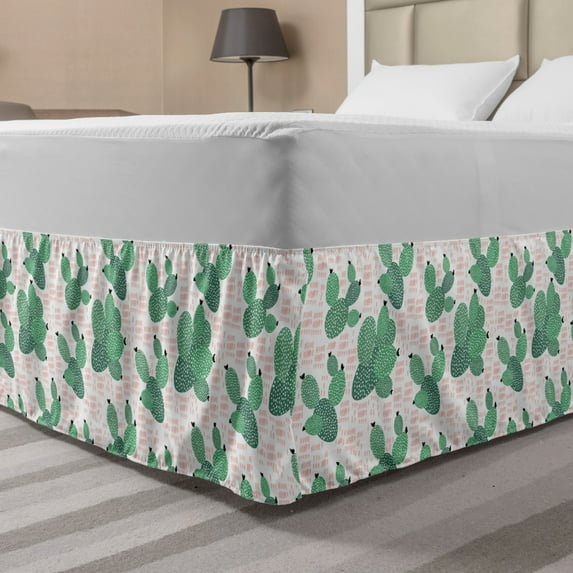 Cactus Bed Skirt, Prickly Pear Tropical Succulent Plants with Modern Design, Elastic Bedskirt Dust Ruffle Wrap Around for Bedding Decor, 4 Sizes, Fern Green Black, by Ambesonne