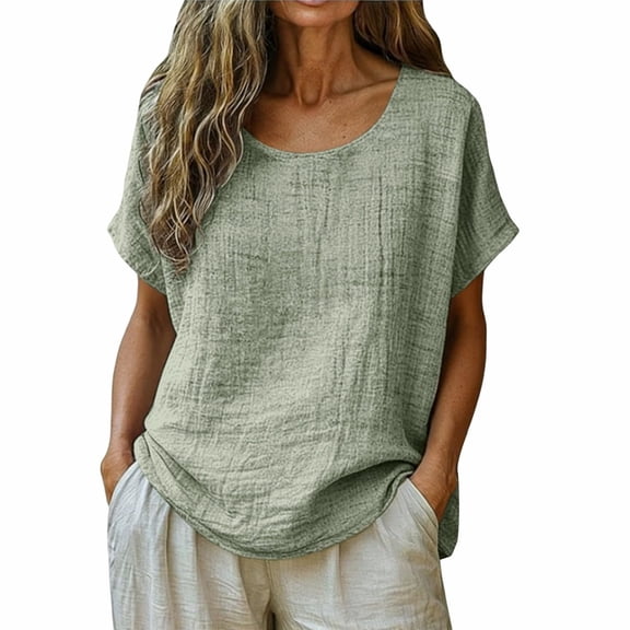 DAFPZW Gauze Shirts for Women Summer Casual Loose Cotton Linen Tops Short Sleeve Round Neck Beach Vacation Blouses Tees