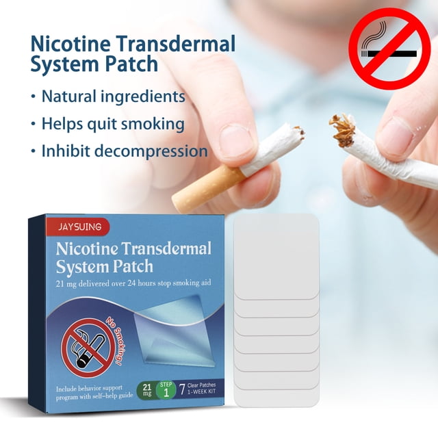 parche transparente de nicotina cq step 1, 14 unidades caja frontal y tira de parches; vista frontal centrada del empaque azul con texto en inglés y pictograma de no fumar, tira de parches blancos visibles a la derecha y manos rompiendo un cigarro en el fondo; indicado como ayuda para dejar de fumar con liberación prolongada de nicotina y parche de 21 mg para aliviar ansias durante el día.