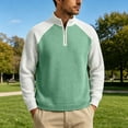 thumbnail image 2 of YOIAVAIOY Men's Quarter Zip Sweatshirts Waffle Knit Loose Fit Color Block Pullovers Stand Collar Sporty Casual Tops Green M, 2 of 6