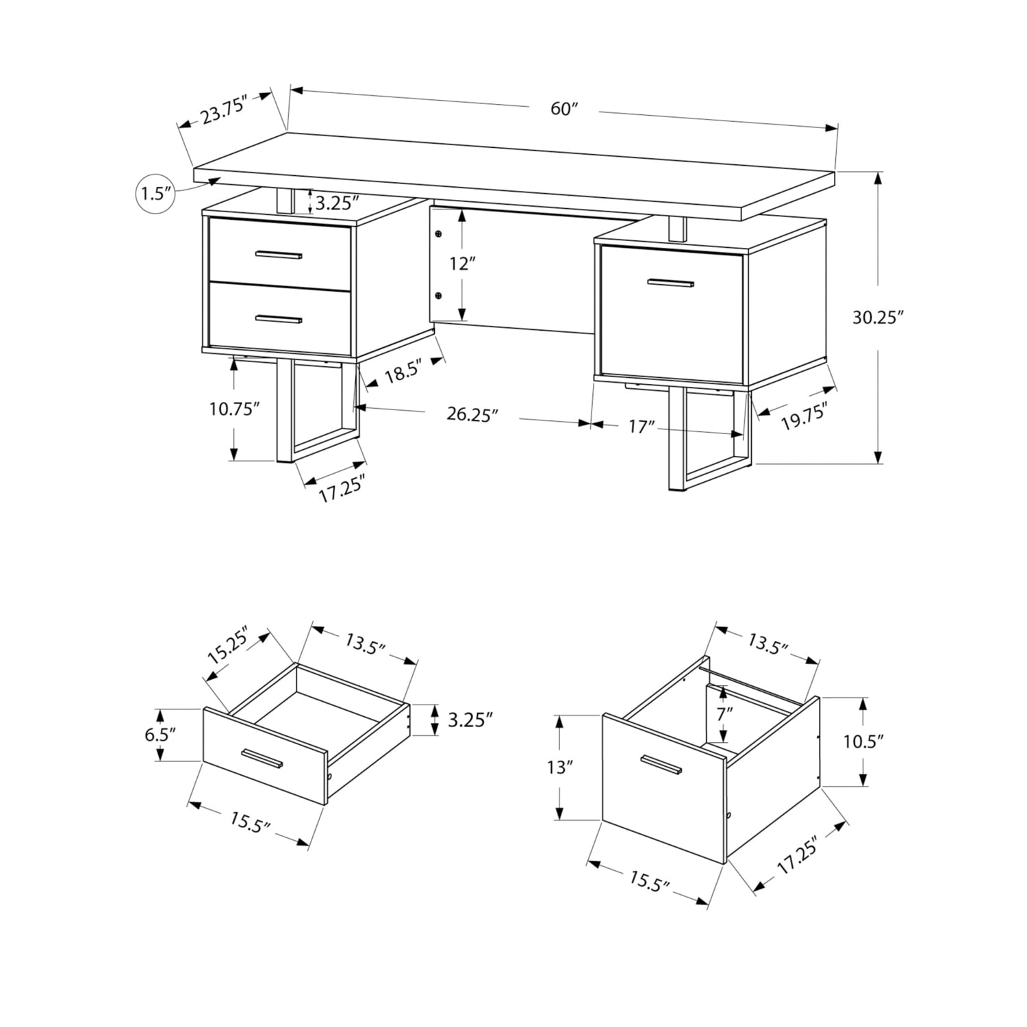 Monarch Specialties Computer Desk, Home Office, Laptop, Storage Drawers, 60"L, Work, White Laminate