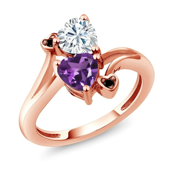 Gem Stone King 18K Rose Gold Plated Silver White Moissanite Purple Amethyst and Black Diamond Ring for Women (1.63 Cttw, Heart Shape 6MM, Gemstone Birthstone, Size 5)