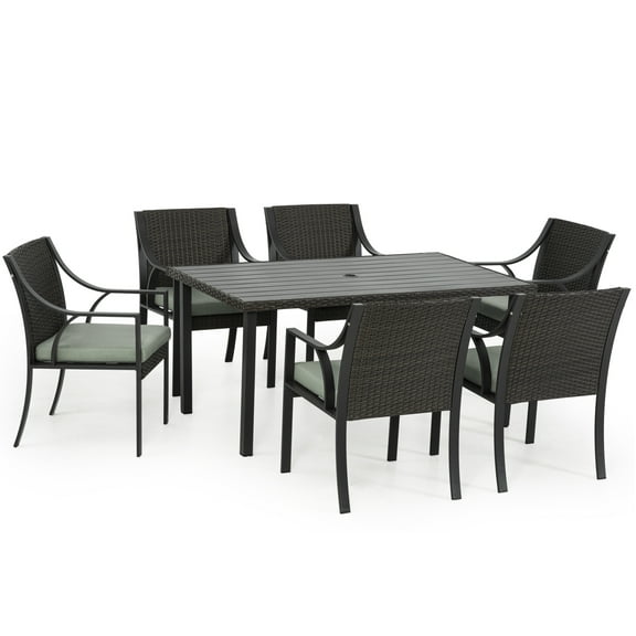 HAPPATIO 7-Piece Wicker Rattan Outdoor Dining Set with Washable Green Cushions