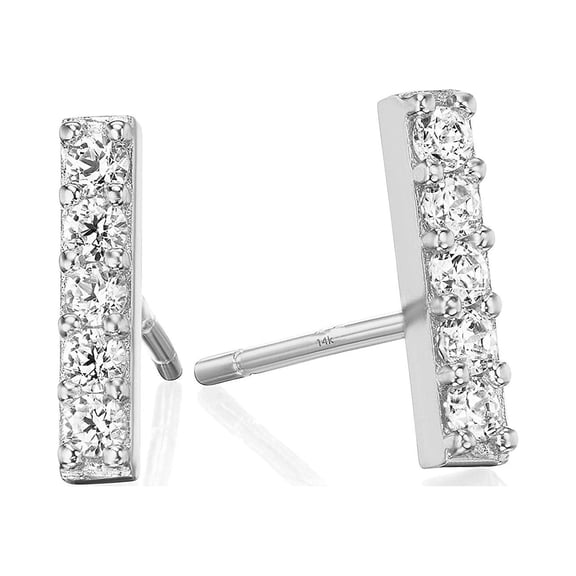 Tiny 14K Gold Cubic Zirconia CZ Dainty Mini Bar Stud Earrings white-gold