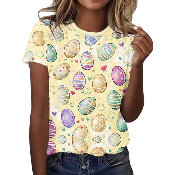 Camiseta de Cuello Redondo de Impresión de Pascua Unisex de Manga Corta de Verano para las Mujeres, Estiramiento Suave, Camisetas de Manga Corta de Mujer Casual