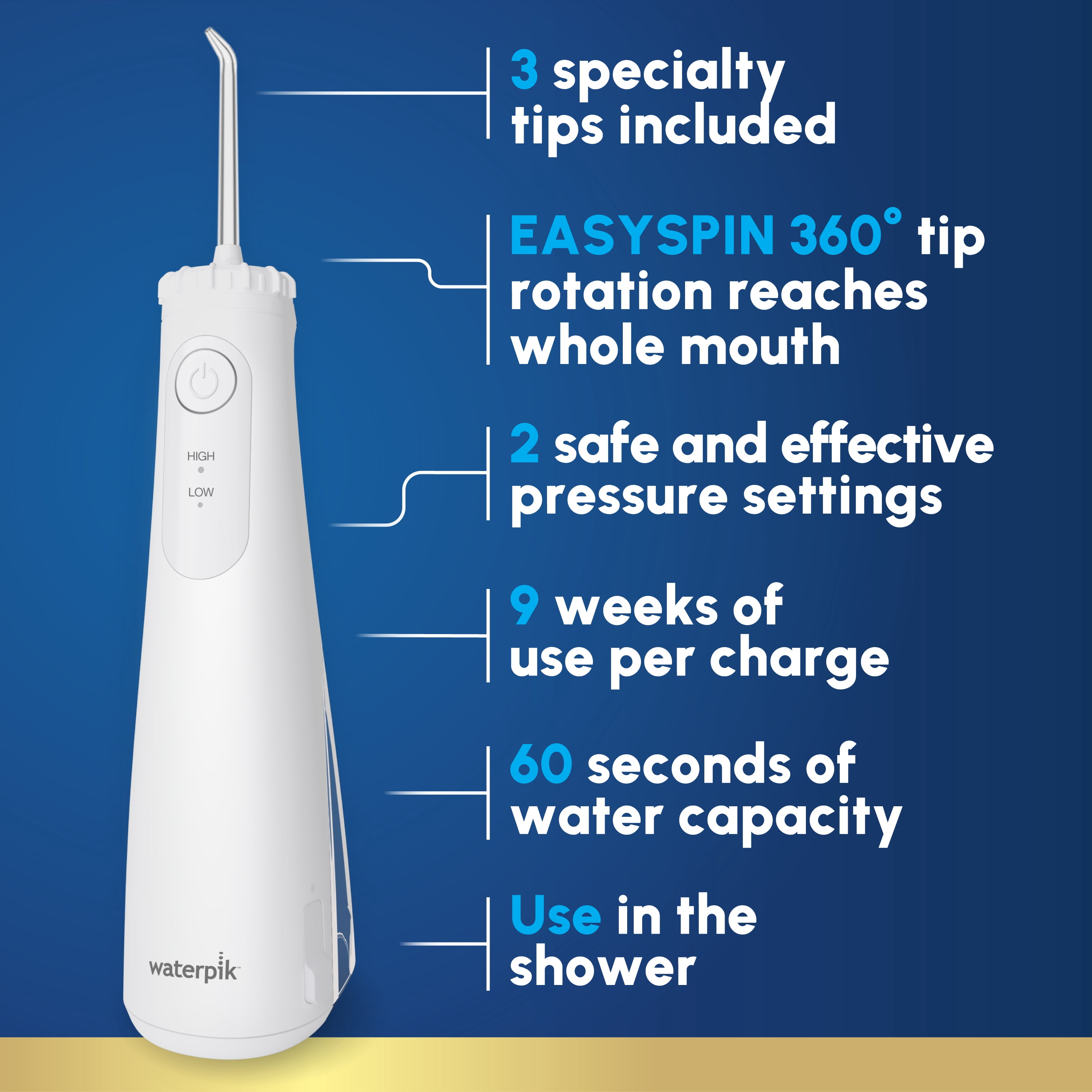 Waterpik Cordless Plus 5000 Water Flosser with 2 Settings, 3 Tips, ADA Accepted, White
