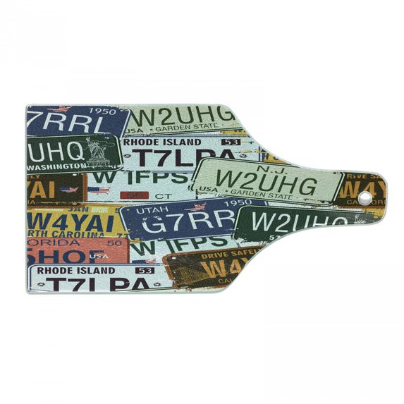 Vintage Cutting Board, Original Retro Style License Plates Personalized Creative Travel Vacation, Tempered Glass Cutting and Serving Board, Wine Bottle Shape, Green Blue Yellow, by Ambesonne