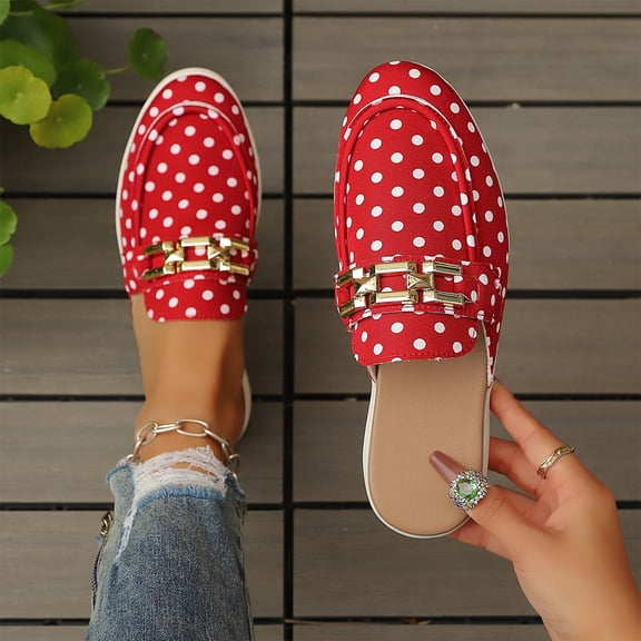 Samdudou Mules for Women Polka Dot Slip On Backless Loafers Closed Toe Flat Shoes with Metal Chain Buckle Decor for Casual Dress