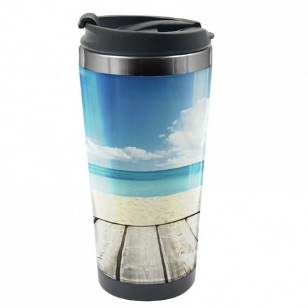 

Landscape Travel Mug Exotic Ocean Nautical Steel Thermal Cup 16 oz by Ambesonne
