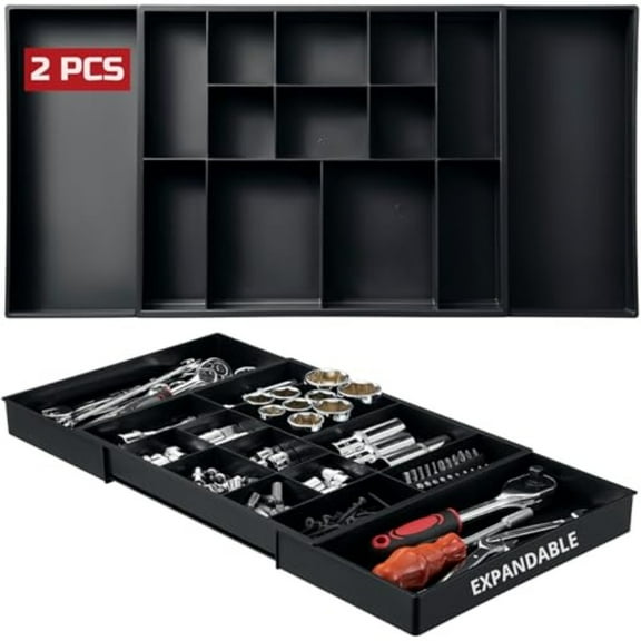 2-Piece Heavy-Duty Expandable Toolbox Organizer Tray Set - Low-Profile Drawers for Tool Chest Storage