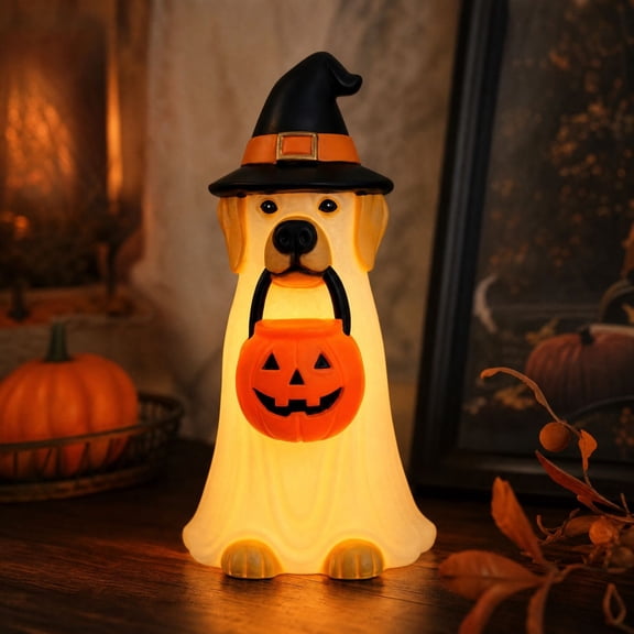 Light Up Halloween Ghost Dog with Witch Hat and Pumpkin Decor, LED Halloween Tabletop Decoration for Indoor Home Porch Party