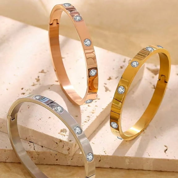 3-Piece Women's Bracelets Set – 14K Gold, Rose Gold, and Silver Stainless Steel Bangles with Cubic Zirconia for Prom or Everyday Wear