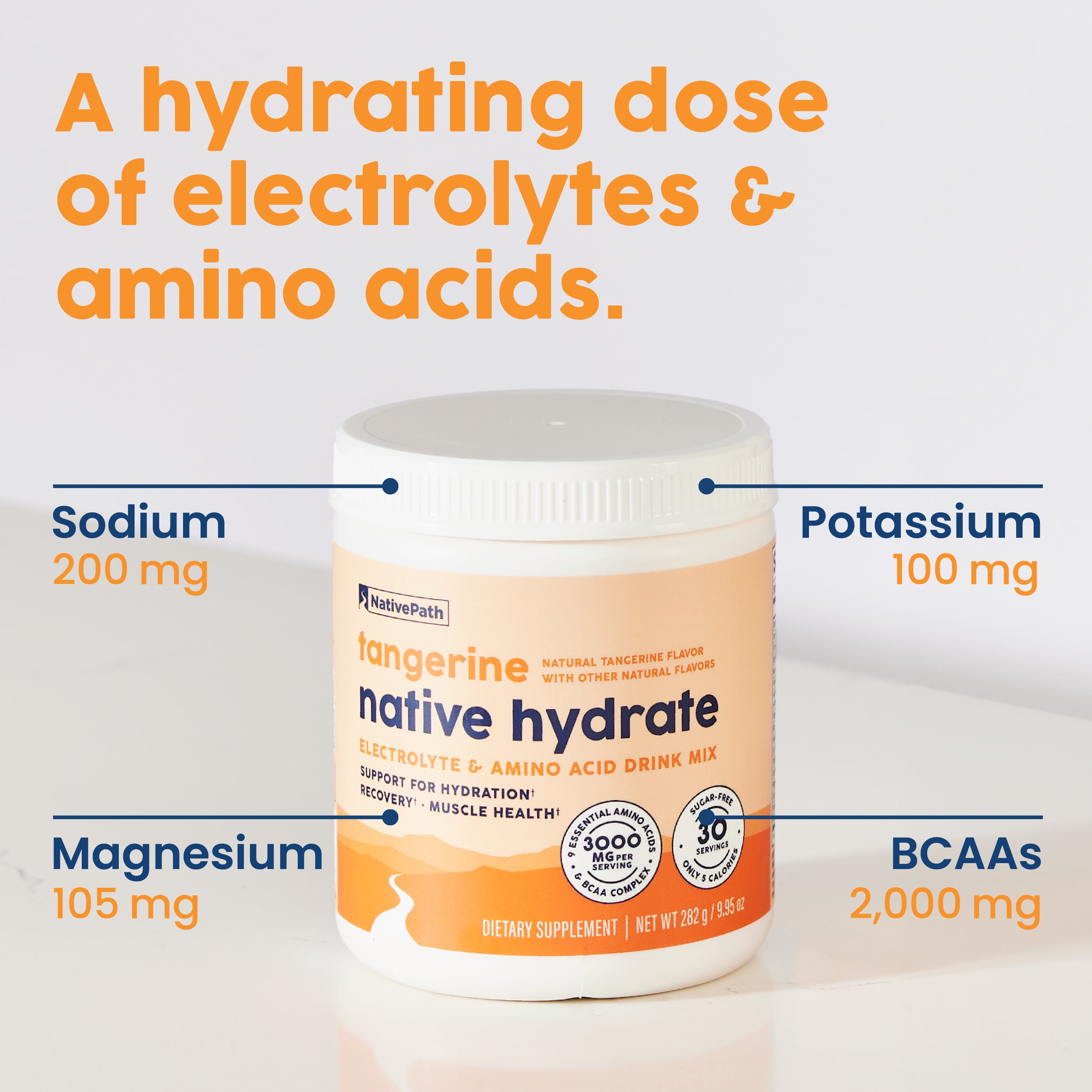 NativePath Hydrate Electrolyte Powder, Tangerine, Zero Sugar Drink Mix with BCAAs, 30 Servings