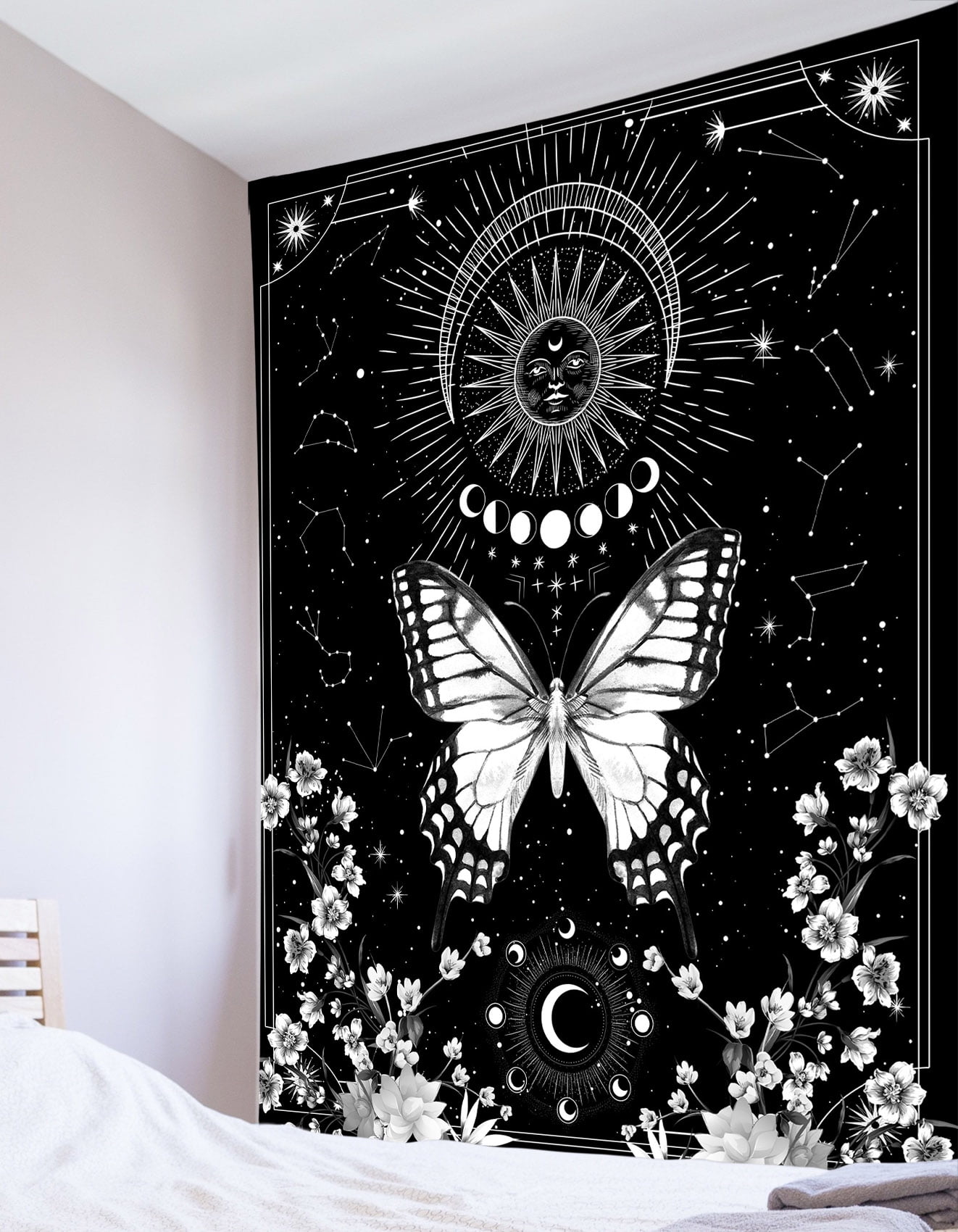 HVEST Butterfly Tapestry Black and White Plants Floral Tapestries Sun Moon Phase Constellation Wall Hanging Trippy Aesthetic Tapestry for Living Room Bedroom Dorm Poster Kitchen Home Decor 70.9x92.5 W...