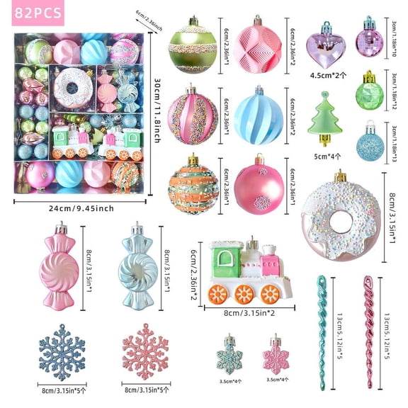 OADUKQ Christmas Ornaments Set, 82 Pieces Assorted Shaped Shatterproof Plastic Tree, Christmas Tree and Holiday Home Decor