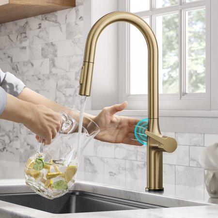 KRAUSOletto Tall ModernSingle-HandleTouchKitchenSinkFaucet withPull Down Sprayerin Brushed Gold