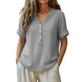 thumbnail image 2 of vigerkar Women Short Sleeve Striped Blouses Top V Neck Loose Casual Summer Work Blouses Striped Shirt (Grey, S), 2 of 5