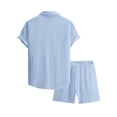 thumbnail image 5 of Men's Summer 2-Piece Set, Solid Color Jacquard Short Sleeve Button-Down Lapel Shirt and Shorts, Lightweight Casual Outfit For Vacation and Beach,Sky Blue,M, 5 of 6