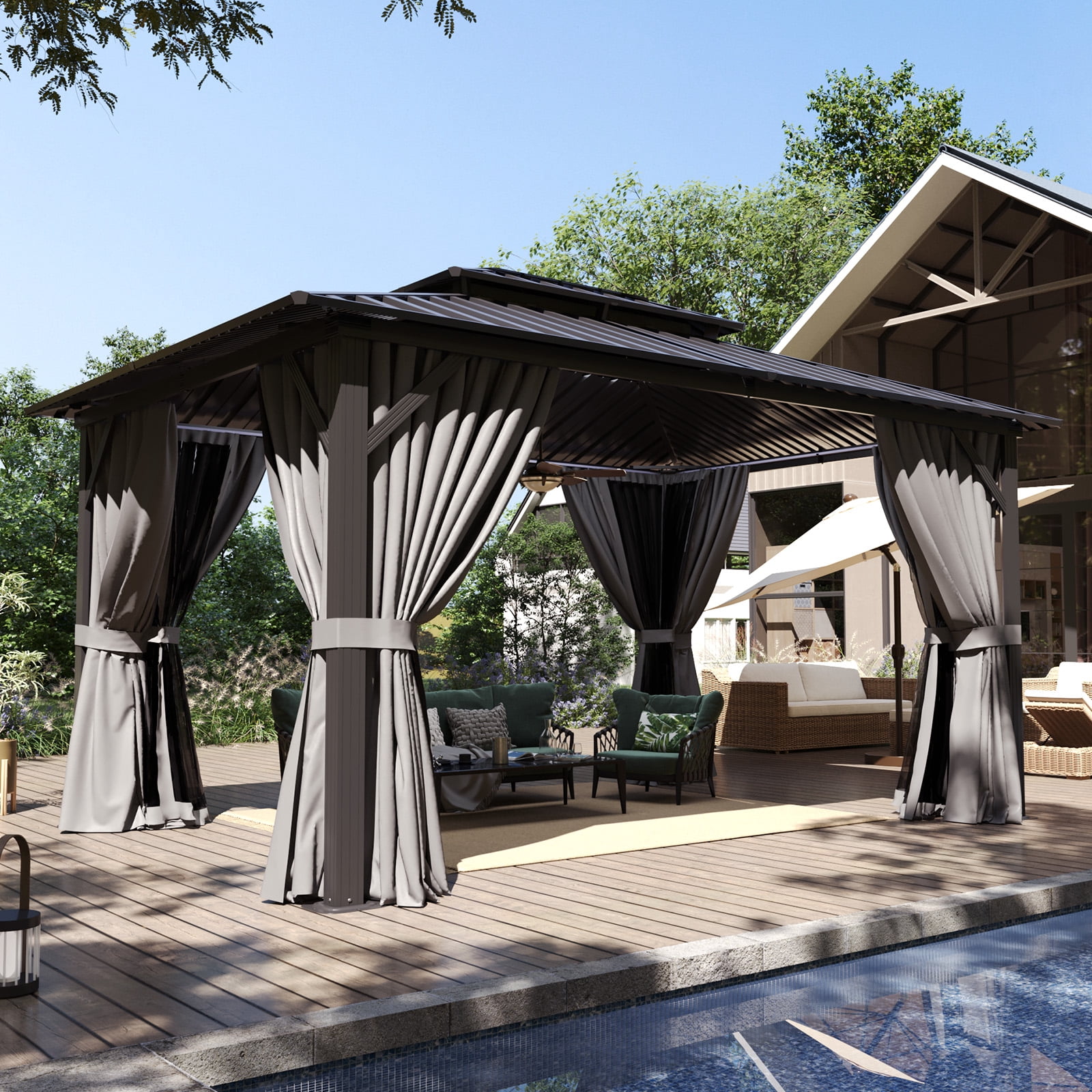 Bapipro 12'x10' Hardtop Gazebo, Aluminum Frame Permanent Pavilion with Curtains and Netting, Outdoor Metal Double Roof Canopy, Designed for Garden, Lawns, Patio, Gray