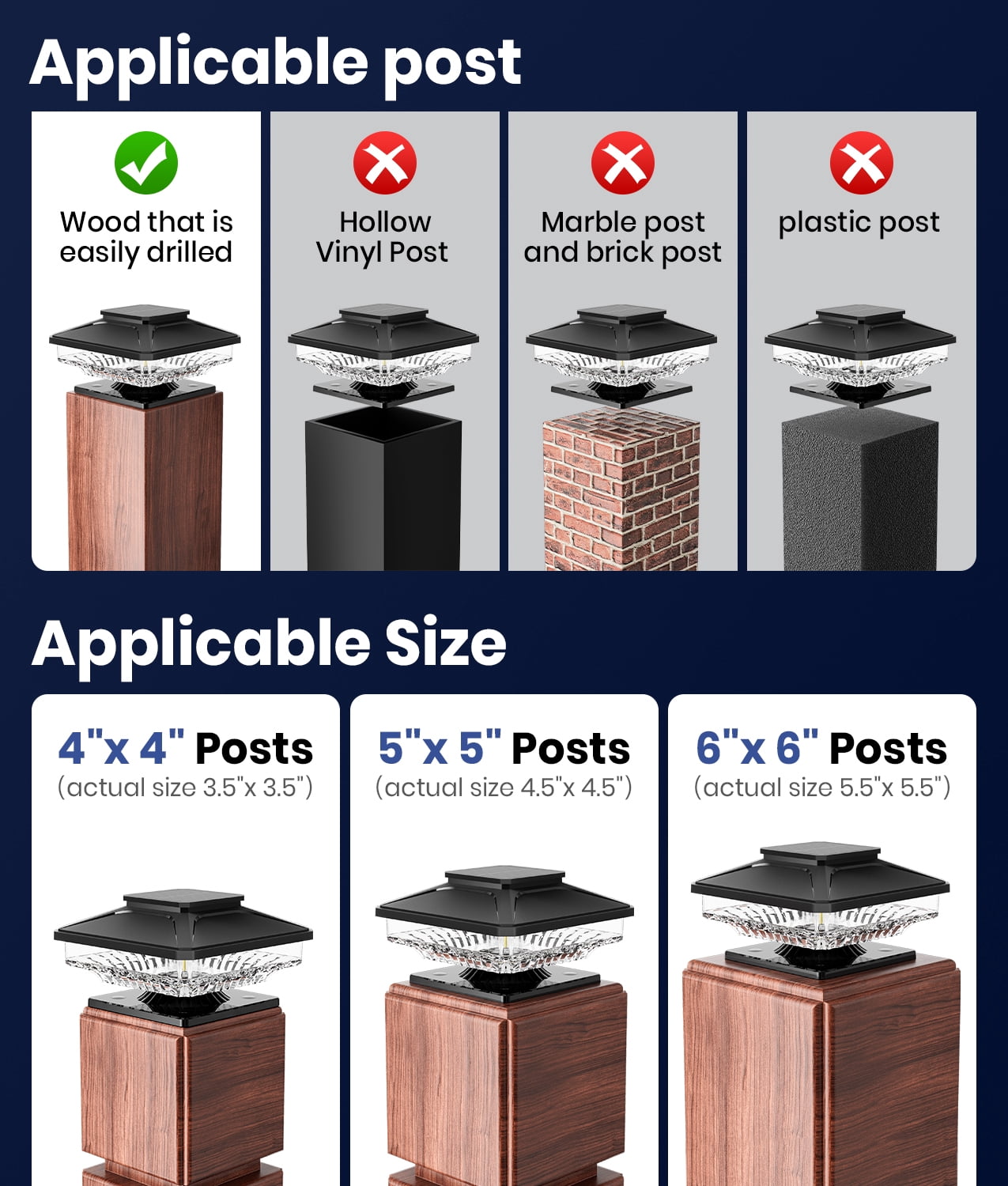 BITPOTT 6 Pack Solar Post Cap Deck Lights Modern Waterproof IP65 Cool White LED Rust Resistant Black for 4x4 5x5 6x6 Posts