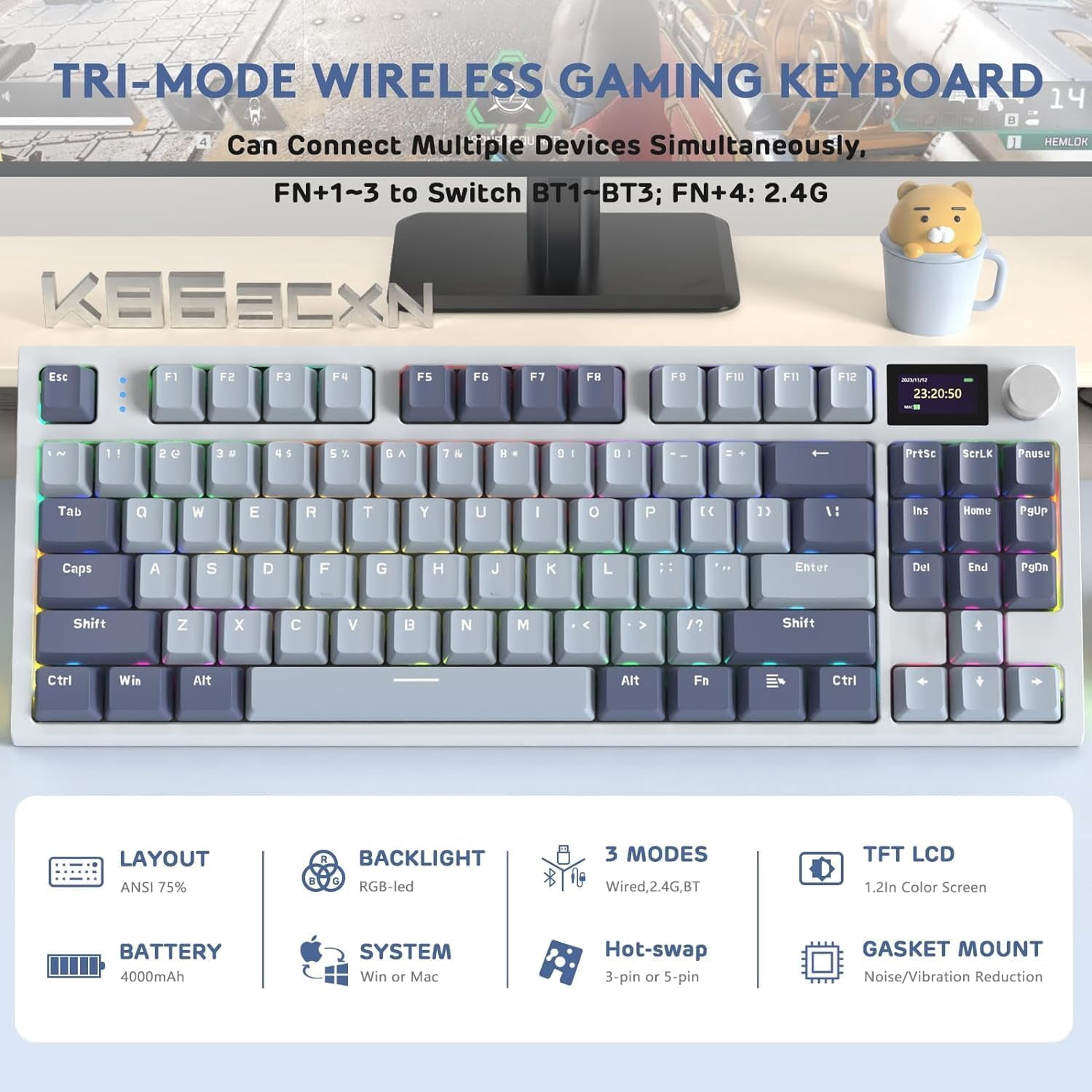 ATTACK SHARK K86 Wireless Mechanical Keyboard 75% with TFT Color Display & Knob Apex Pro TKL, 2.4G/Bluetooth/USB-C Wired RGB Backlit, Hot Swappable
