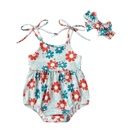 

jaweiwi Newborn Toddler Girl Outfit 0 3M 6M 12M 18M 24M Tie-up Flower Print Sleeveless Romper with Hairband Summer Clothes