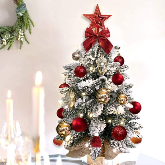 KAAYEE 22in Tabletop Flocked Christmas Tree with Warm LED Lights, Small Artificial Snowy Xmas Tree with Red and Gold Ornaments, Star Topper and Burlap Base for Desk, Table or Shelf Holiday Decor, Red