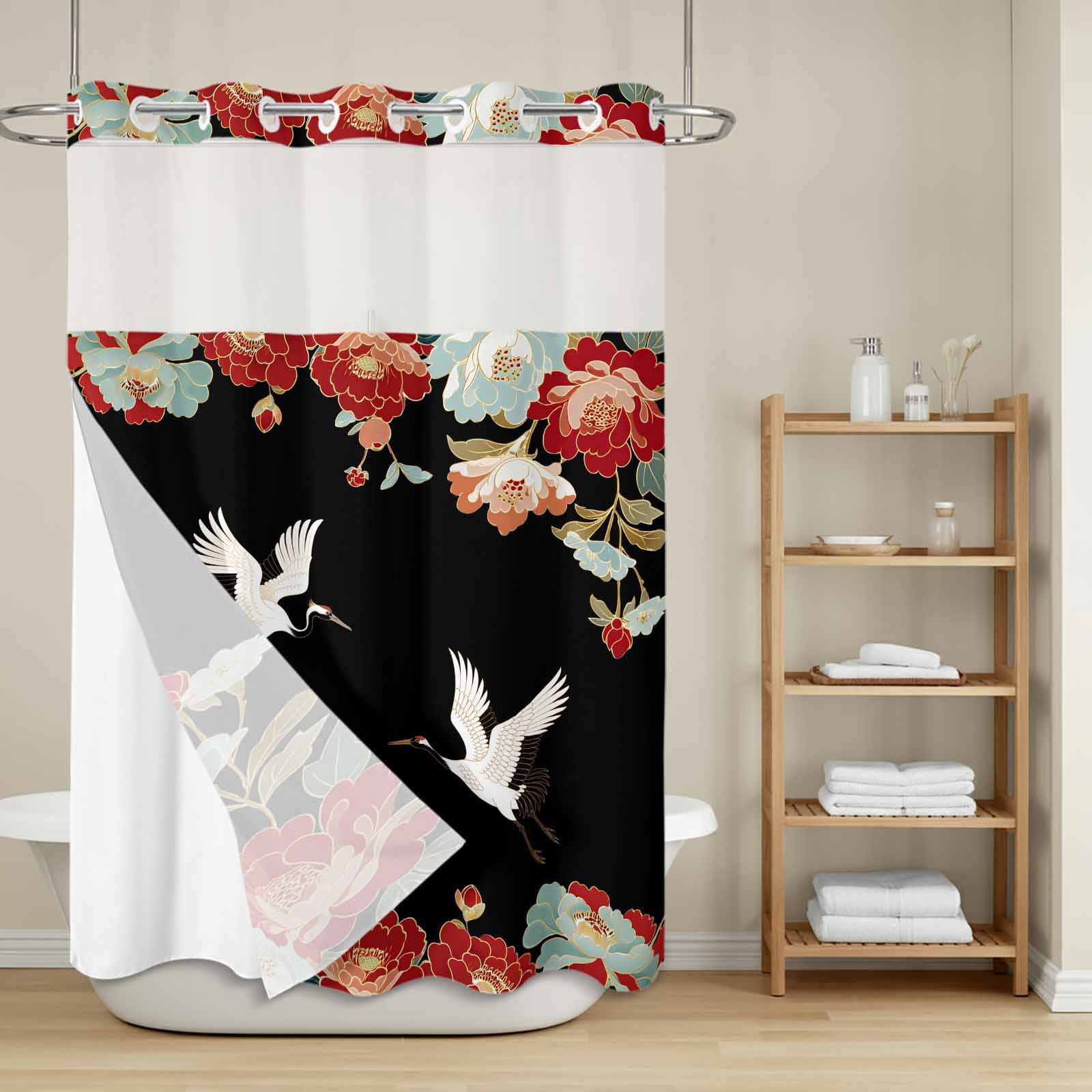No Hook Shower Curtain with Snap in Liner, Japanese Cranes Peony Waterproof Fabric Bathroom Curtain Mesh Top Window, Country Animal Plants Shower Curtains 48x72in